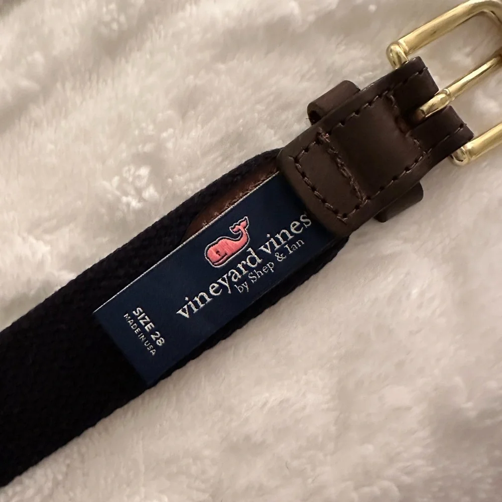 Vineyard Vines Boys Navy Whale Print Belt with Brown Leather & Gold Buckle NWOT